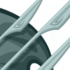 Preview for Arsenal, Image 001. Three weapons, a long knife, a spear, and a sword, with similar-shaped silver-green blades and handles/shafts/hilts, all in different proportions, all calling to mind parts of plants. They all float above a leaf-shaped green-grey shield.
