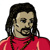 Preview for Jajuok, Image 001. A man in a goatee and dreadlocks wearing a gold chain, red shirt, blue cargo pants, and hiking boots. His left hand is wreathed in blue flame as it forms a mystic sign. A flaming blue skull hovers above his upraised right hand.