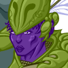 Preview for Sidhe, Image 004. A charging violet-skinned warrior holding a shield and spear, in a feathered helmet and green armor adorned with leaf and vine designs.
