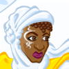 Preview for Wakyambi, Image 001. A cinnamon-skinned woman with a silvery facial tattoo holding a white parasol, wearing a loosely-draped white pantsuit, golden tunic and split-toe boots, whose tight curls are peaking out the front of her head wrap.