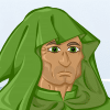 Preview for Time Enough, Image 001. A bronze-skinned man with sharp features and bright green eyes, dressed in a long green robe with a hooded cloak, carrying a small satchel at his side that’s marked with a single rune.