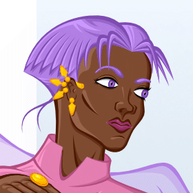 Preview for Welcome to the Human Race, Image 002. A woman in a purple abstract geometric hairstyle, wearing a voluminous translucent purple coat-dress over a pink body suit with a double-belt of golden beads and numerous gold accessories.